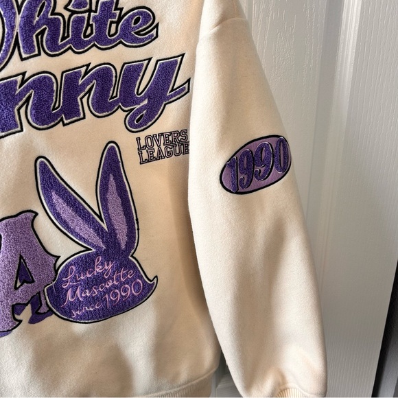 Alcott Women’s White Bunny Purple Patches Bomber Varsity Jacket Size Small Lined - Picture 12 of 12